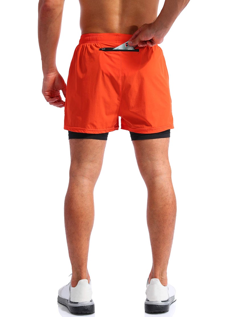 Pudolla Menâ€™s 2 in 1 Running Shorts 5" Quick Dry Gym Athletic Workout Shorts for Men with Phone Pockets(Orange Red Medium) - Image 4